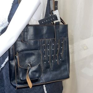 Sisley Black Leather Studded Tote Bag